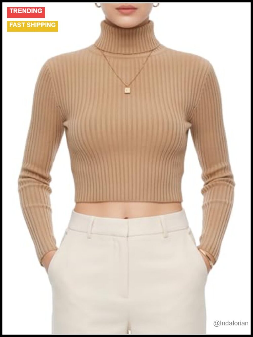 Cropped Ribbed Turtleneck Sweater Slim Fit Long Sleeve Casual